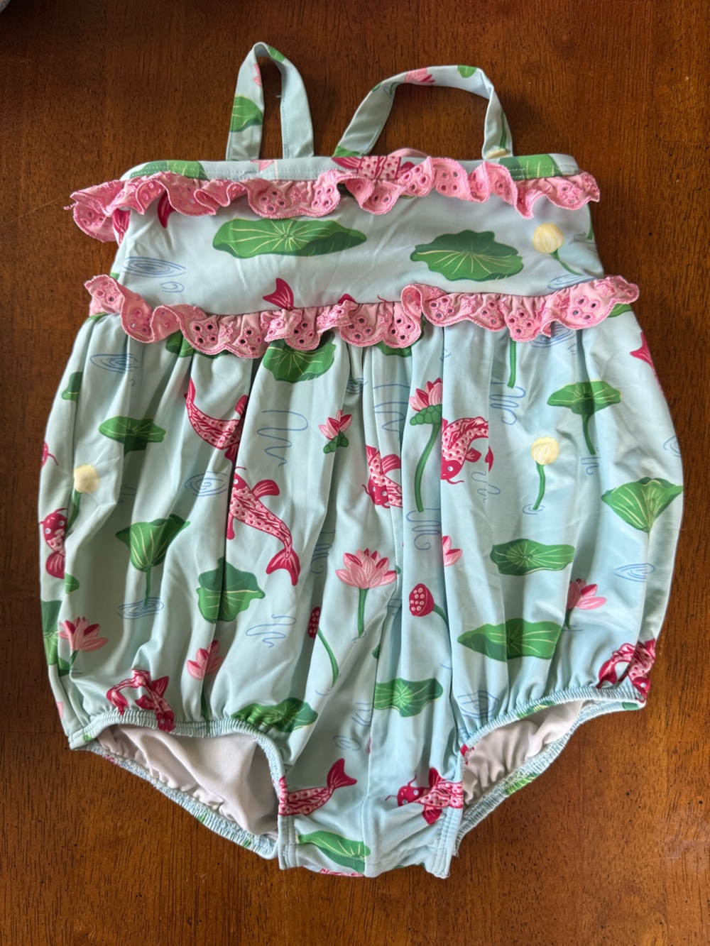 Girls' Light Blue Koi Pond Swim Bubble with eyelet Pink Trim